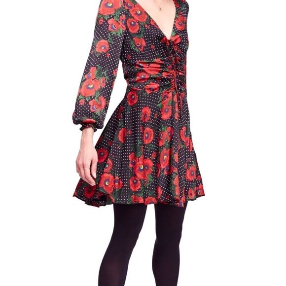 FREE PEOPLE Red Poppy Polka Dot Long Sleeve Smocked Keyhole Mini Dress NWT! - Picture 1 of 9